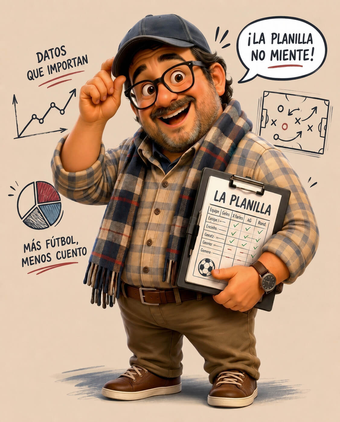 Don Planilla, hincha del fútbol y de los datos, rodeado de gráficos